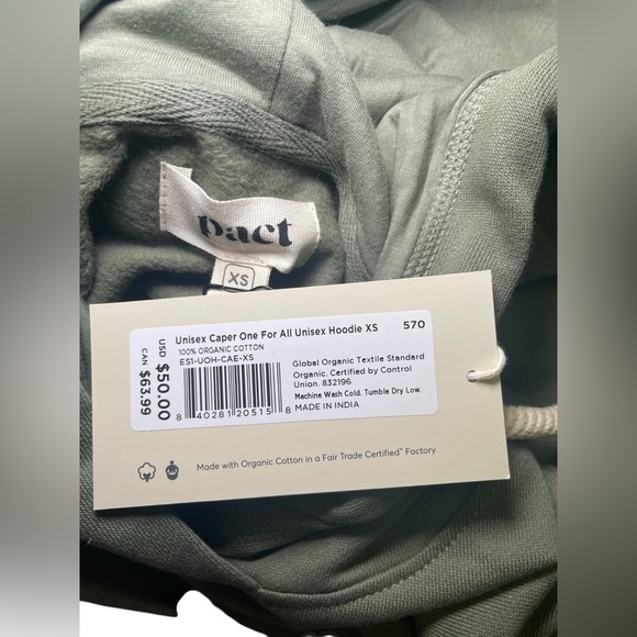 Pact All For One Hoodie XS Green Organic Cotton Pullover Unisex NWT - Picture 4 of 5
